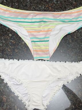 Striped Pastel Bikini Bottom & White Ruffle Bikini Bottom Set